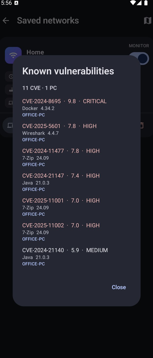NetBlade Android — Known vulnerabilities across a saved network