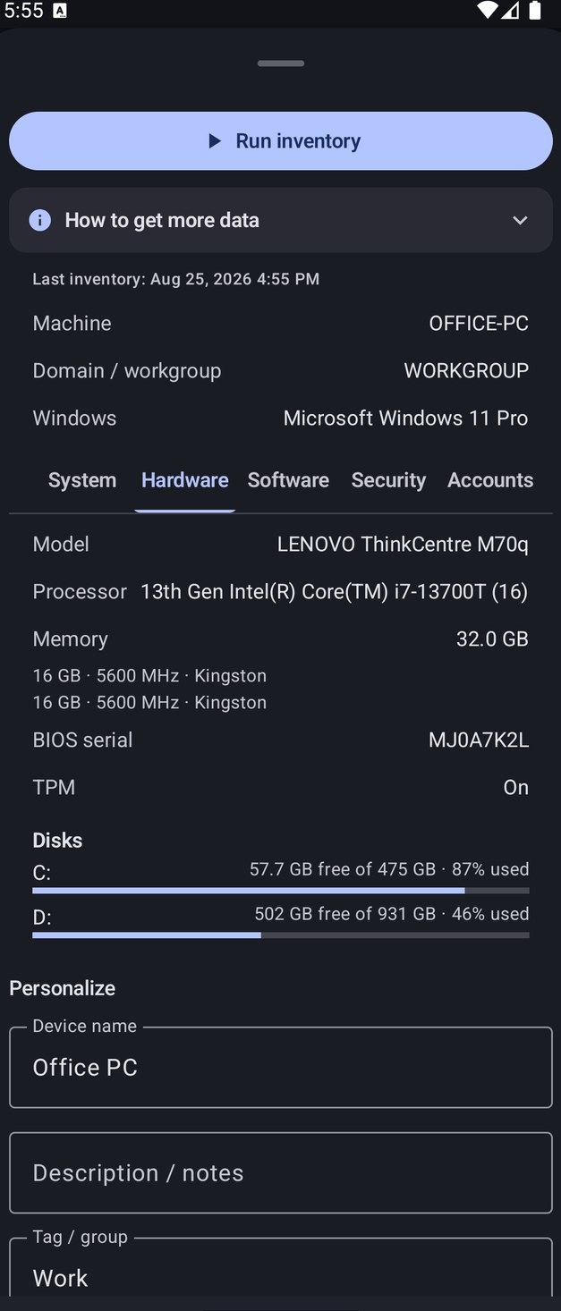 NetBlade Android — Windows inventory, with nothing installed on the PC