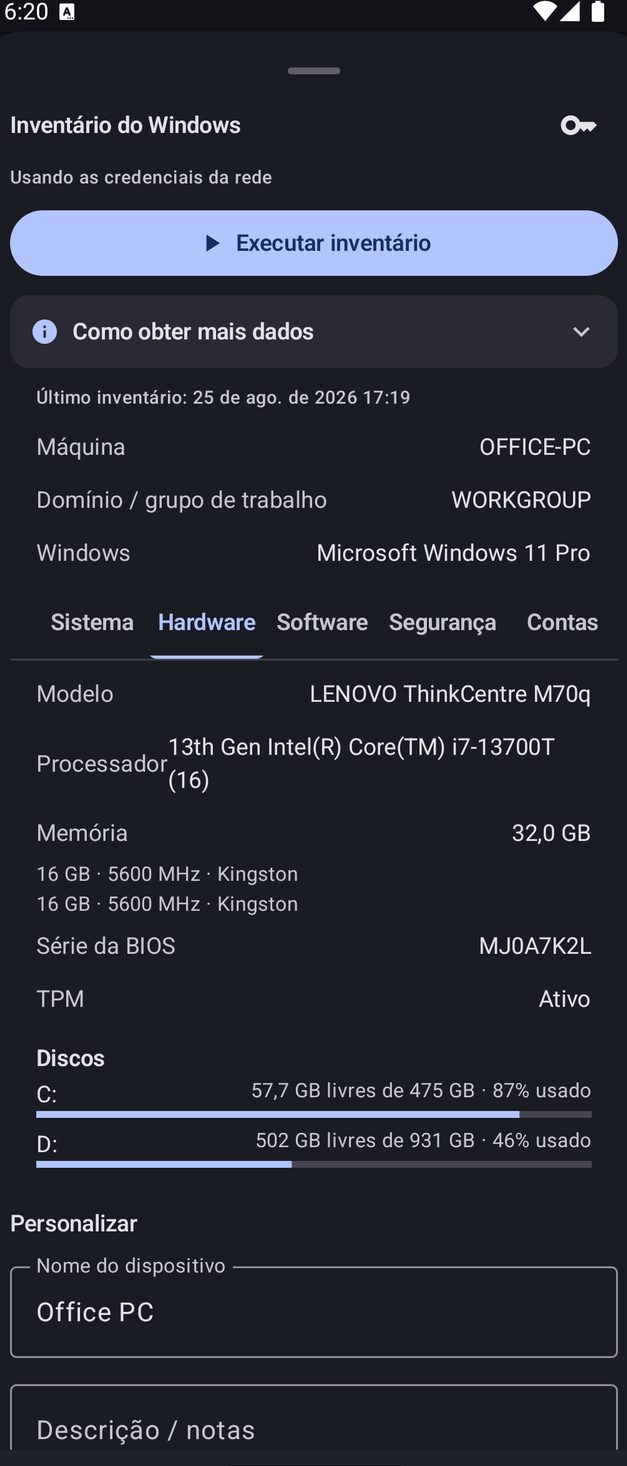 NetBlade Android — Inventário do Windows, sem nada instalado no PC