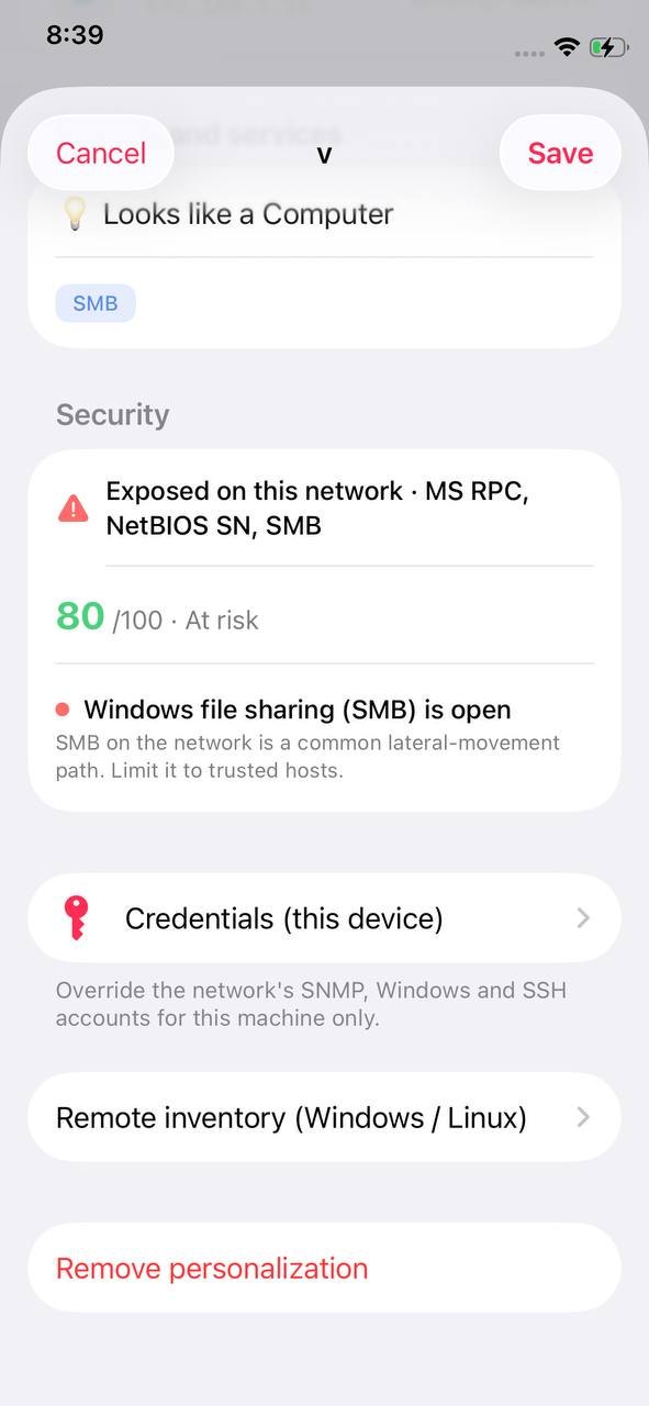 NetBlade iPhone · iPad — Device details: security, credentials, inventory