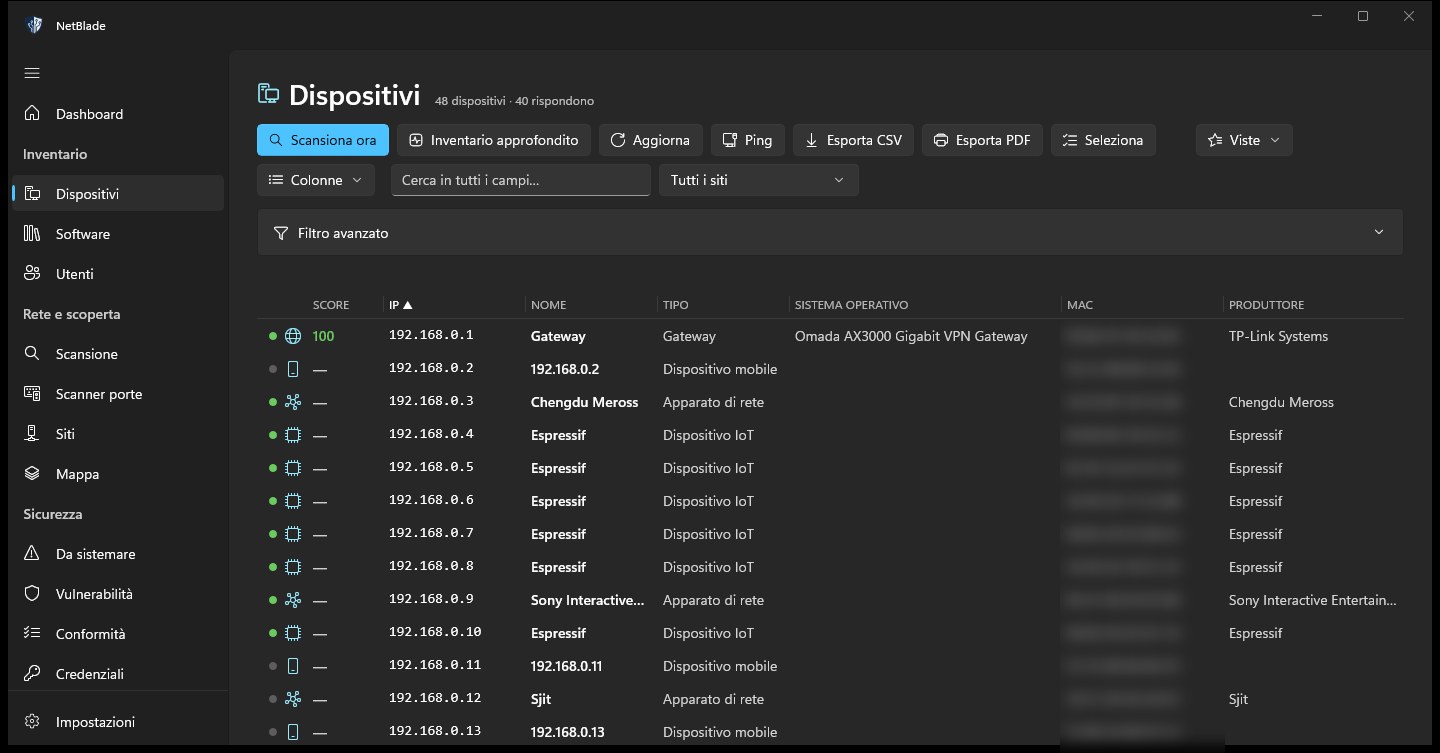 NetBlade Windows — Devices: the inventory, as a table