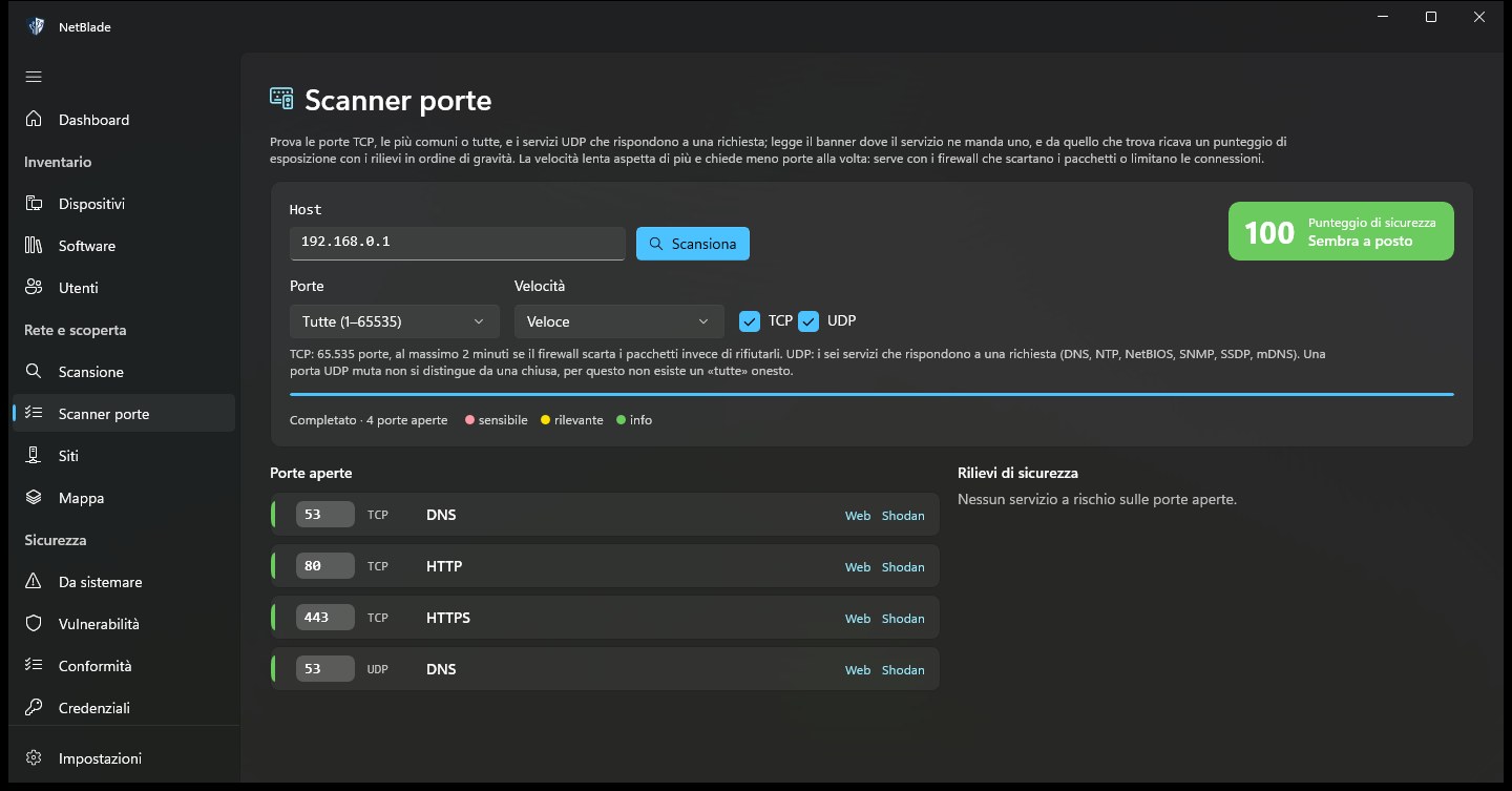 NetBlade Windows — Port scanner: TCP, UDP and a score that says why