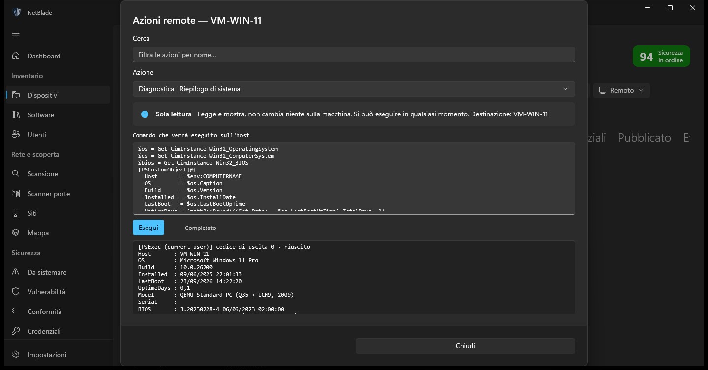 NetBlade Windows — Remote actions: about 150, with the command in plain sight